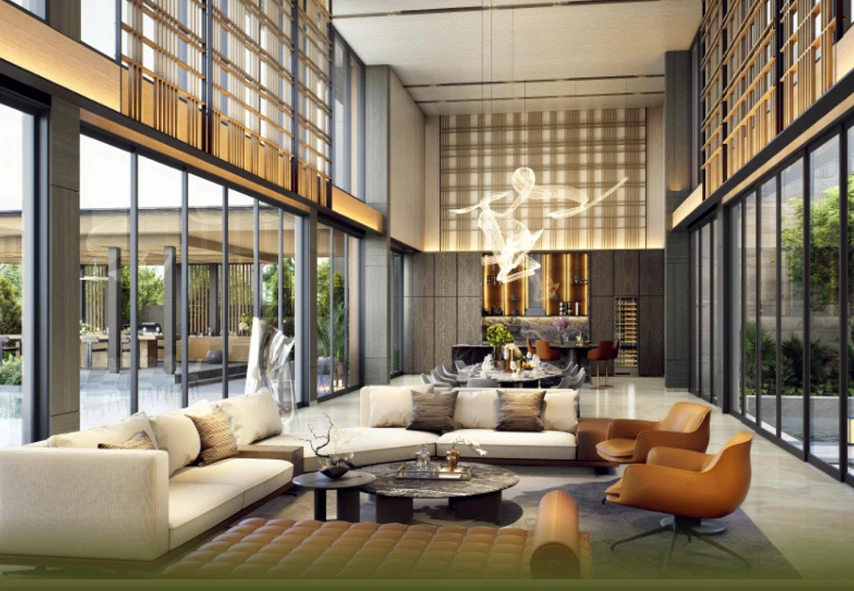 Ultra Luxurious Living Dining — double-height dengan wine bar dan mezzanine library